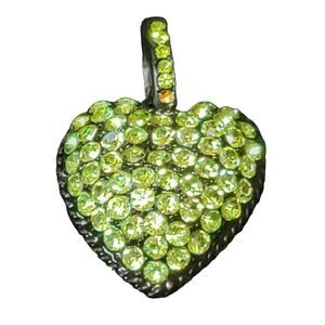 Green Rhinestone Heart Pendant 1.5" Black Metal Puffy 3D Charm Pave Jewelry‎